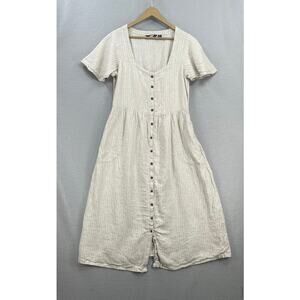 Lands End Linen Midi Dress Womens Medium Tan White Stripe Button Up